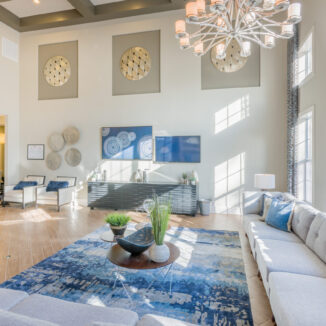 Open seating space with blue rug and artwork